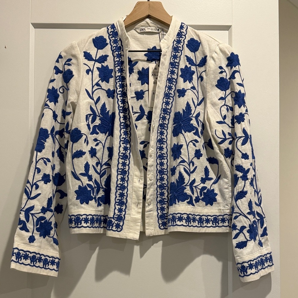 Zara White Jacket with Blue Floral Embroidery